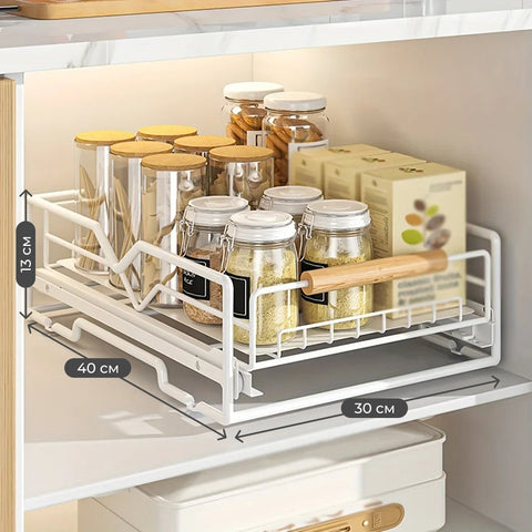 Pull-out metal shelf organizer for kitchen cabinet