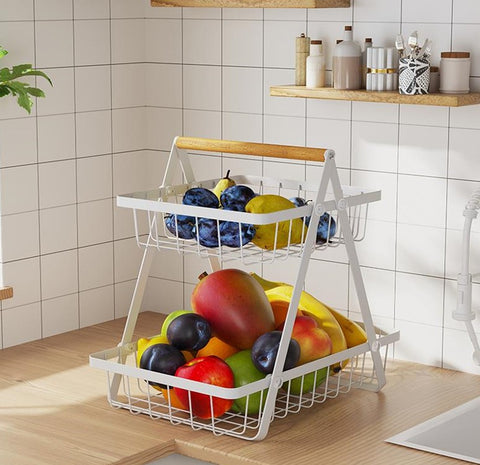 Two-tier metal storage basket-shelf