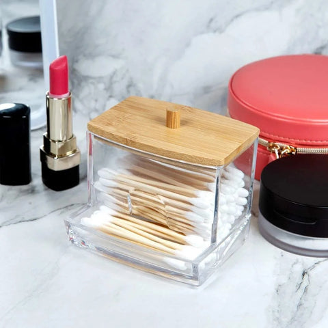 Cotton swab container with bamboo lid
