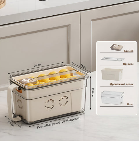 Refrigerator container with drain insert and timer