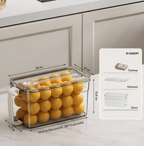 Refrigerator container with drain insert and timer