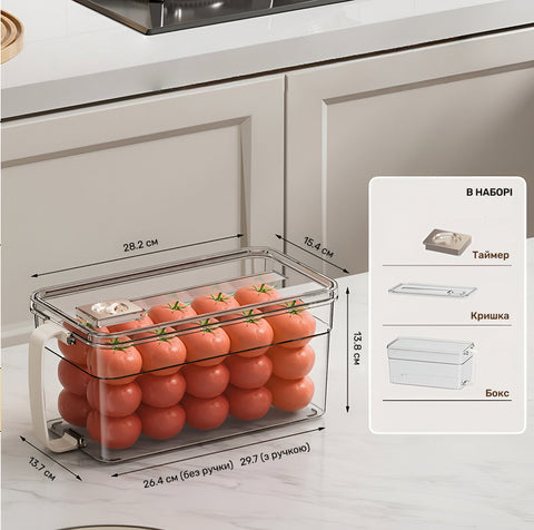 Refrigerator container with drain insert and timer