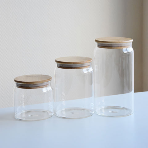 A glass jar with a bamboo lid