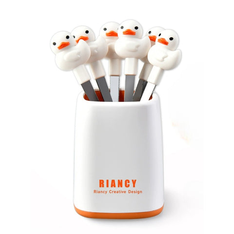 A set of small fruit or fondue forks with a duck design