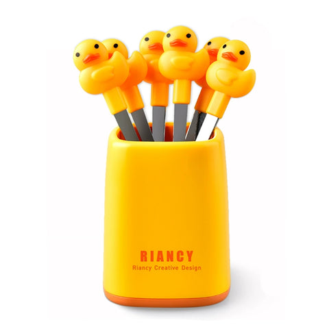 A set of small fruit or fondue forks with a duck design