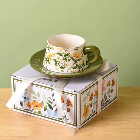 Ceramic cup with saucer in a blister pack