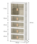 White cabinet with glass doors and measurements on a white background