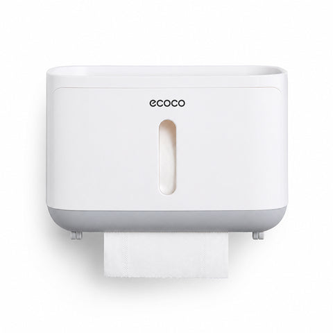Настінний тримач Ecoco з рулоном туалетного паперу, край полотна виходить крізь нижню щілину корпусу
