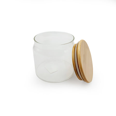 A glass jar with a bamboo lid