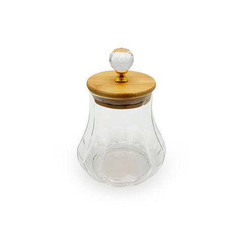 Elegant glass jar with bamboo lid and crystal handle