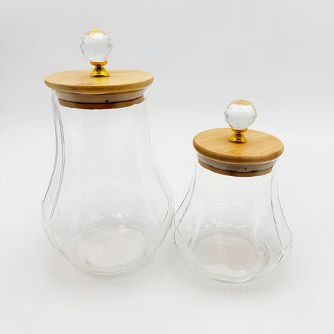 Elegant glass jar with bamboo lid and crystal handle