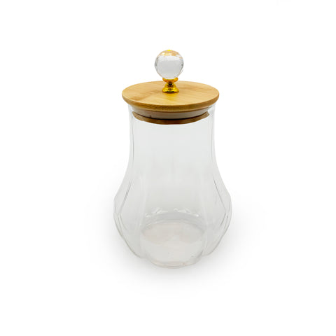 Elegant glass jar with bamboo lid and crystal handle