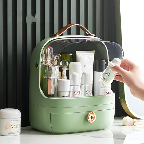 Portable organizer for cosmetics with a handle