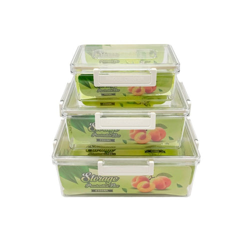 Set of three stacked food storage containers with green lids and peach illustrations on a white background.