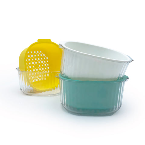 A set of kitchen colanders with containers