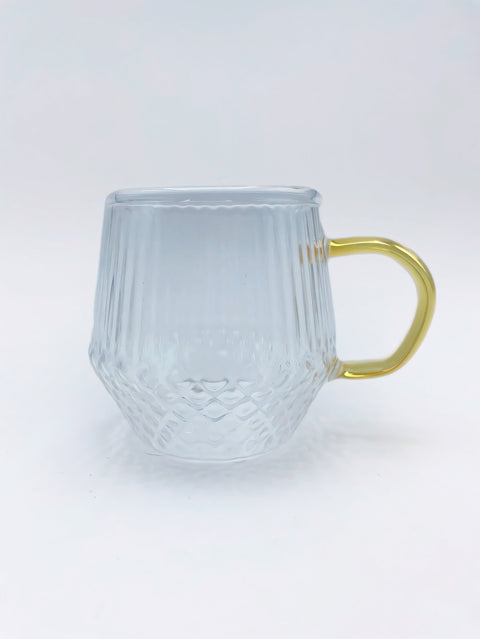 Glass Cup with Embossed Texture and Golden Handle