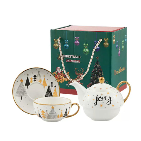Новорічна чайна пара «Tea Time» з ялинками та написом JOY