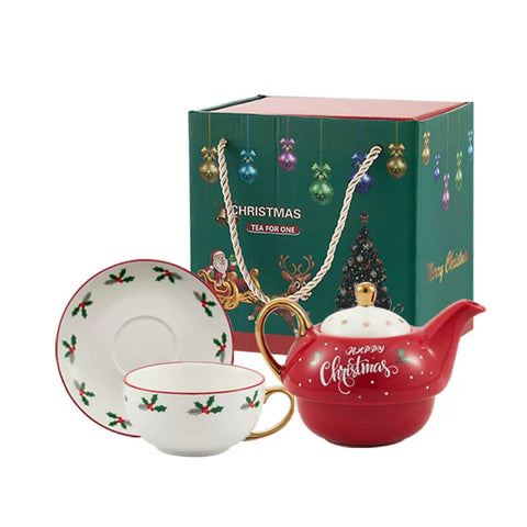 Новорічна чайна пара «Tea Time» з падубом і написом Happy Christmas