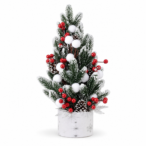 Ялинка в горщику «Snow Pine» засніжена з червоними ягодами