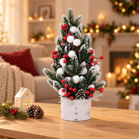 Ялинка «Snow Pine» на столі у новорічній вітальні