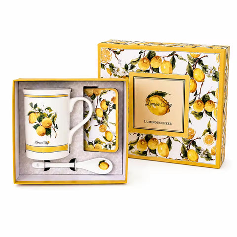 Чашка з ложкою «Lemon Sky» — горнятко, порцелянова підставка та ложка у подарунковій коробці