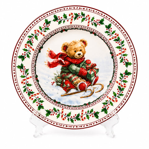 Новорічна тарілка «Teddy» 25,5 см з ведмедиком на прозорій підставці