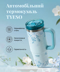 Термокухоль TYESO 900 мл мʼятного кольору з квітковим малюнком, ручкою та кришкою з трубочкою