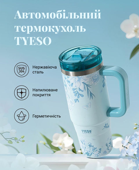 Термокухоль TYESO 900 мл мʼятного кольору з квітковим малюнком, ручкою та кришкою з трубочкою