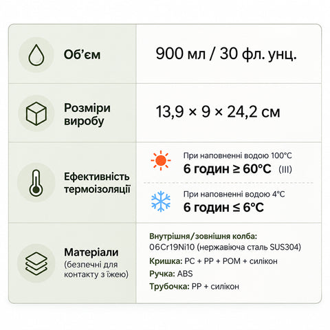 Термокухоль TYESO 900 мл з ручкою та трубочкою для кави