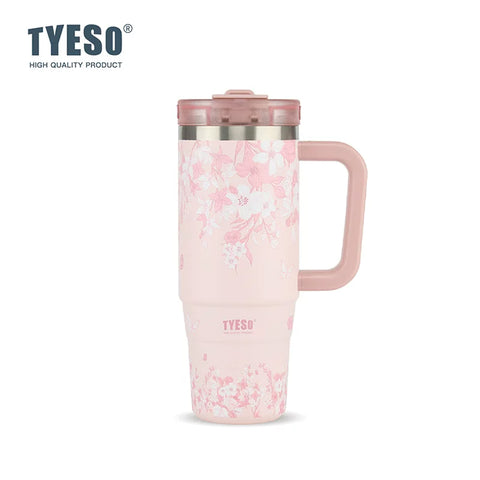 Термокухоль TYESO 900 мл рожевий з квітковим малюнком сакури, ручкою та трубочкою