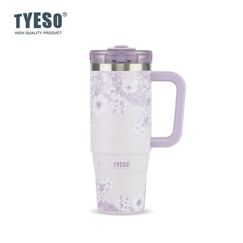 Термокухоль TYESO 900 мл бузковий з квітковим малюнком, ручкою та трубочкою