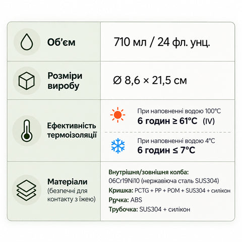 Термочашка TYESO 710 мл з трубочкою та герметичною кришкою
