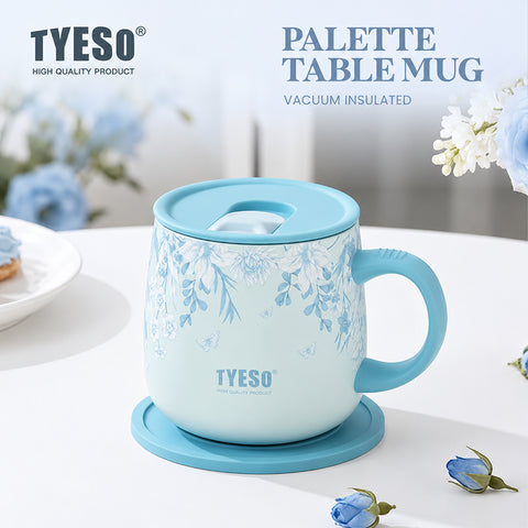 Кружка термос TYESO Palette 355 мл блакитна з квітковим принтом і кришкою