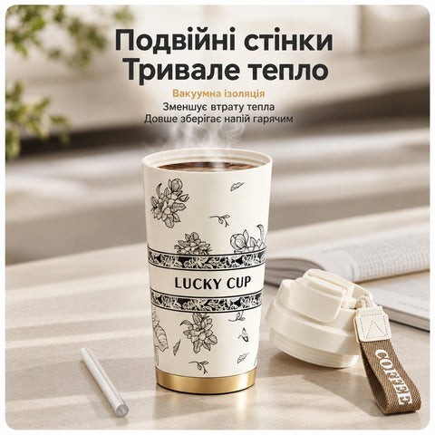 Тамблер «Lucky Cup» з кавою кришкою та трубочкою на столі