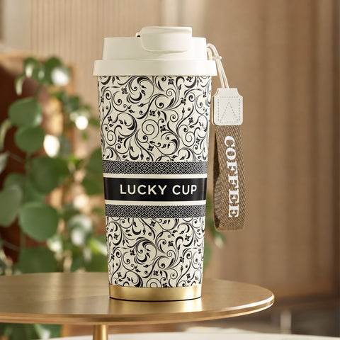 Тамблер «Lucky Cup» молочний із чорними вензелями і ремінцем COFFEE