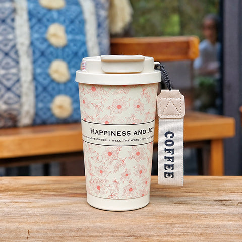 Стакан для кави «Flora» з рожевим квітковим малюнком і ремінцем COFFEE