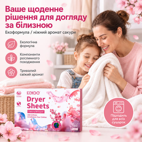 Мама з дитиною тримають мʼякий рушник поруч з коробкою серветок для сушильної машини Kelee