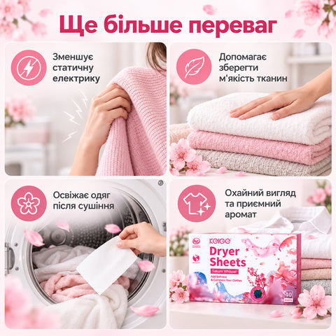 Серветка зменшує статичну електрику, зберігає мʼякість тканин і освіжає одяг після сушіння