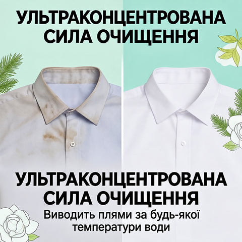 Біла сорочка з плямами на комірі до прання та чиста після прання листами
